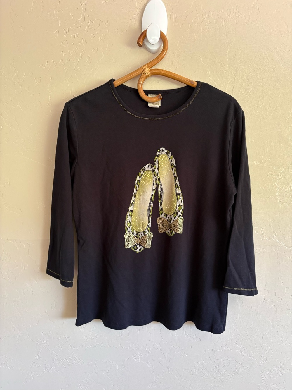 Y2K Jess & Jane 3/4 Length Long Sleeve Black Leopard Print Bedazzled Gem Top L